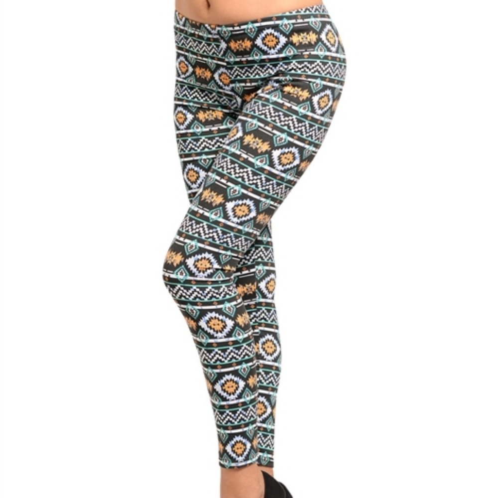 Aztec Black Mint Orange Pattern print Leggings - Picture 5 of 7